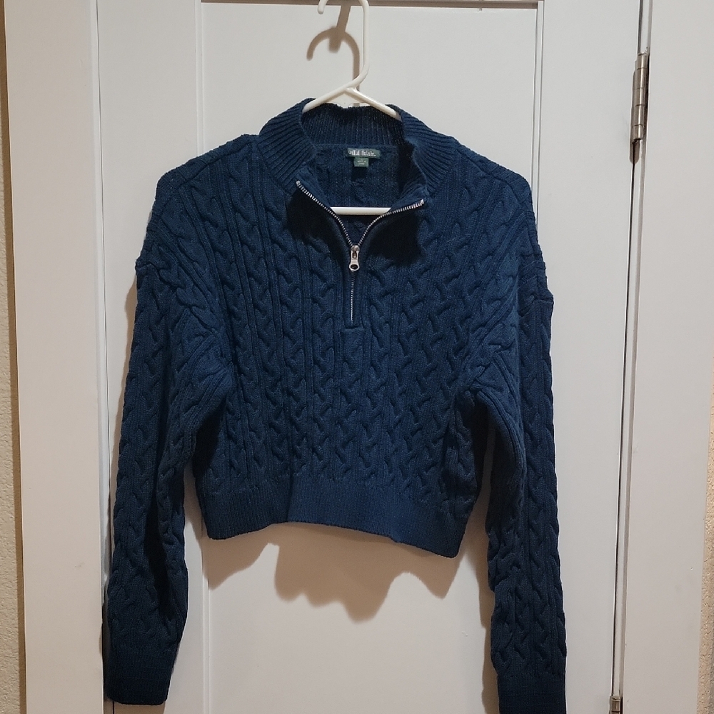 Wild Fable Blue Zip Neck Cropped Sweater with Chunky Knit